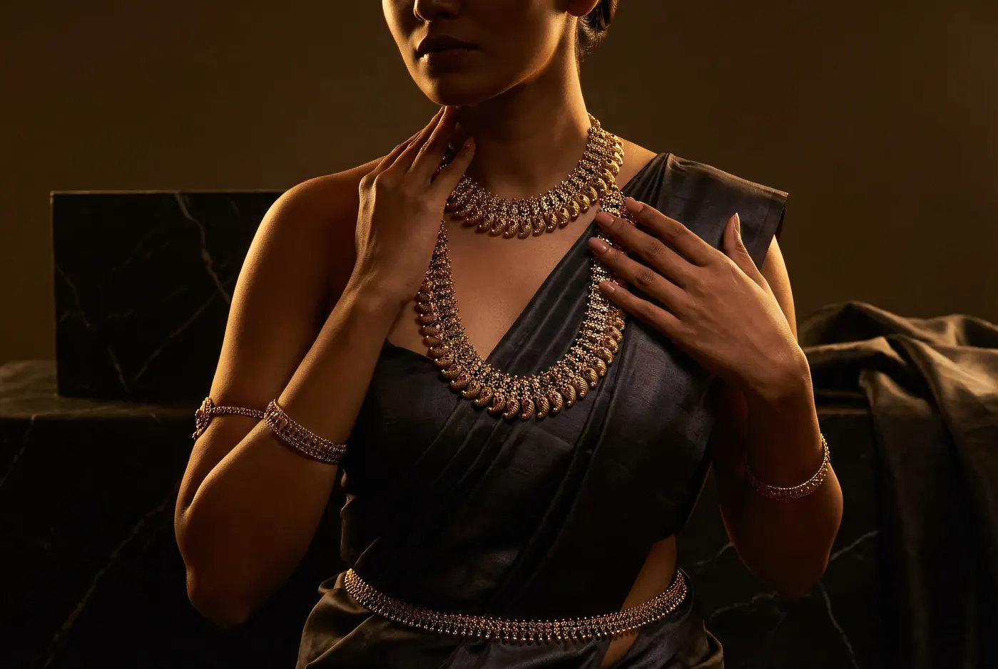 Fine art editorial portrait with layered Manga Mala necklace