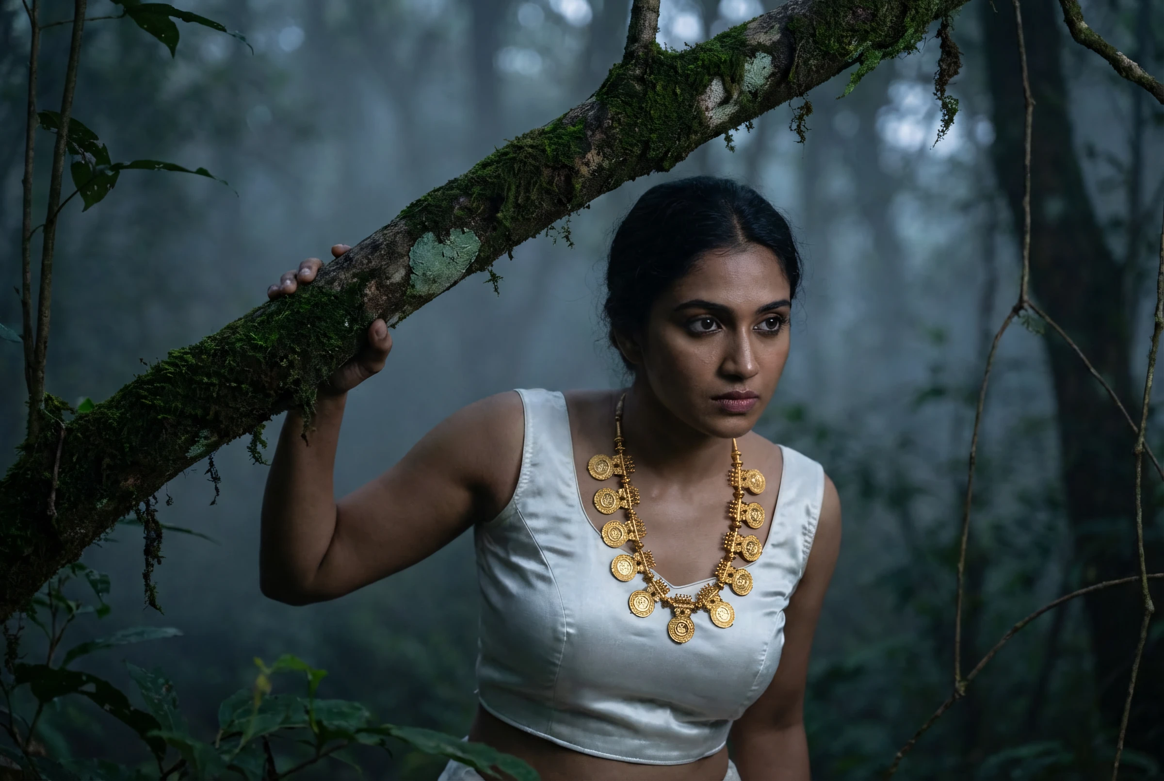 Model in Kerala sacred forest wearing Kasu Mala coin necklace