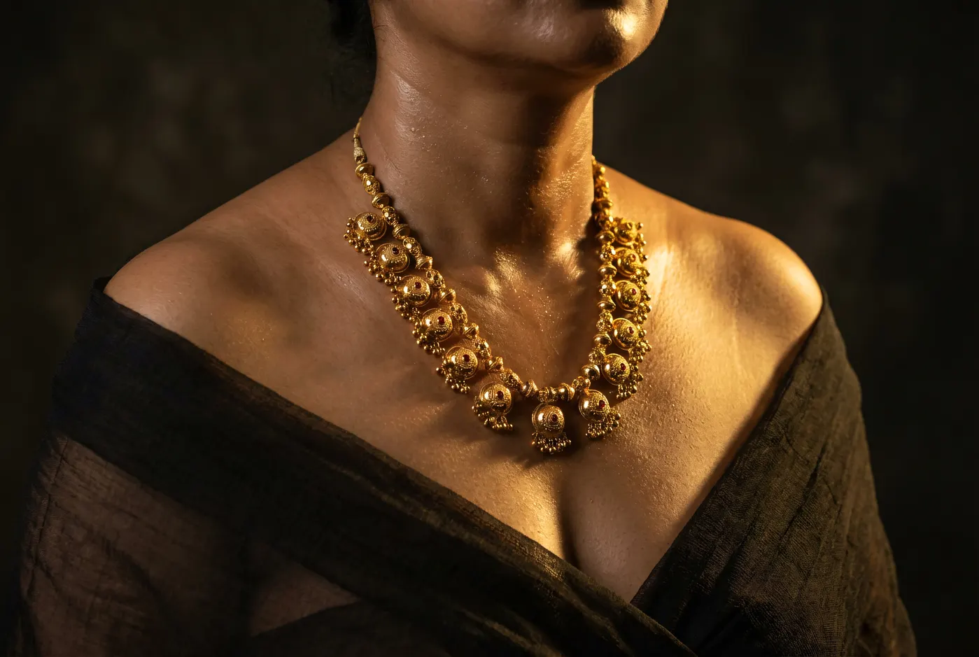 High fashion editorial portrait wearing Kasu Mala contemporary necklace
