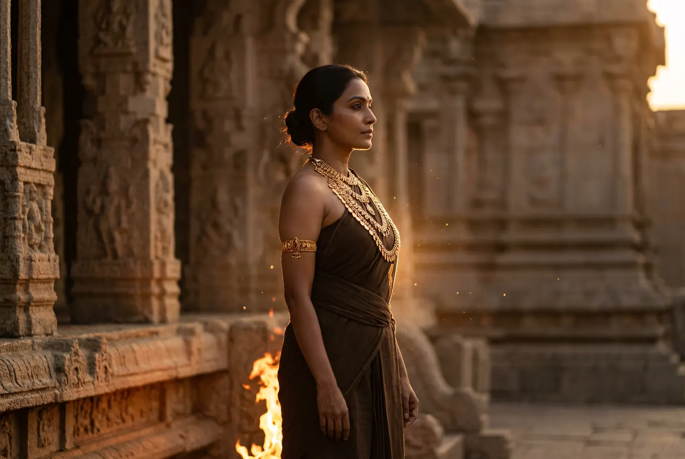 Temple gold portrait at sunset